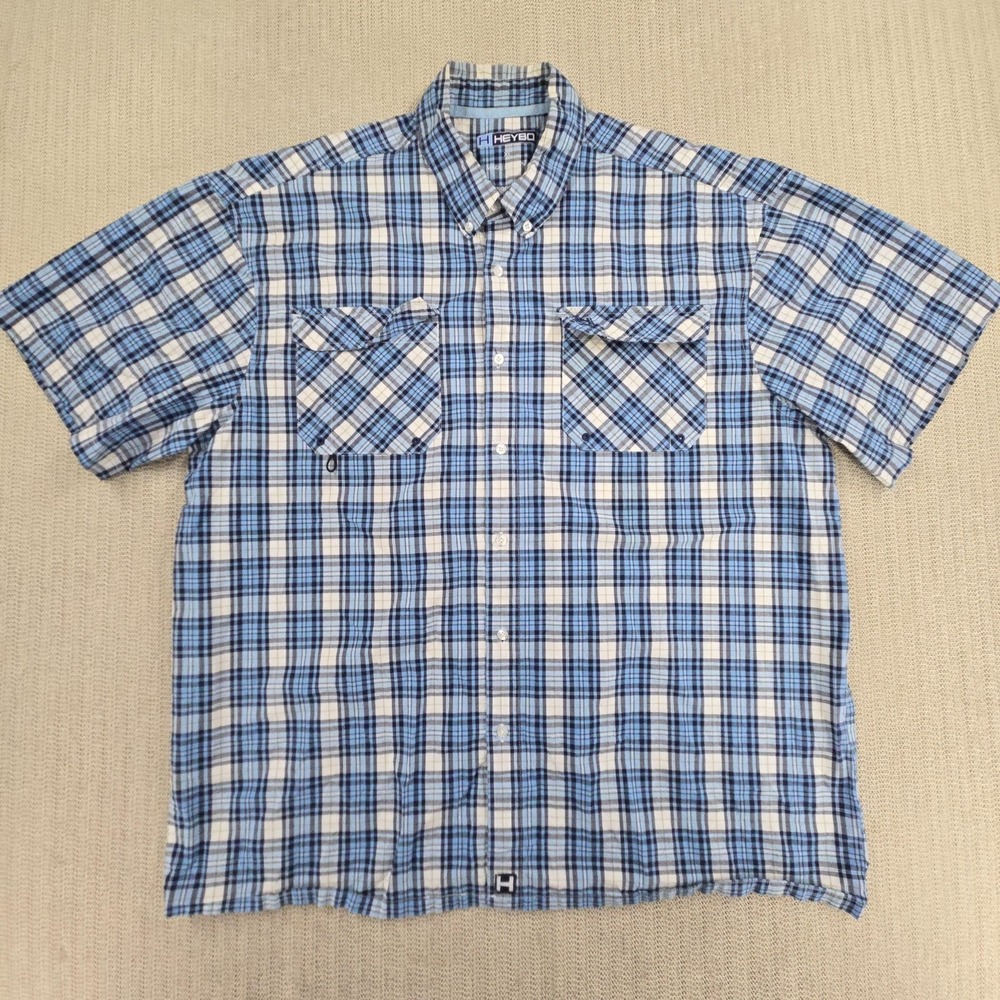 Heybo Shirt Mens XL Blue Plaid Short Sleeve Button Up Stretch Pockets Casual